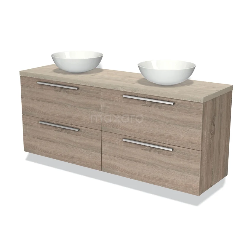 Houten badkamermeubel met dubbele waskommen, ladekast in eikenlook, modern design met geïntegreerde handgrepen.