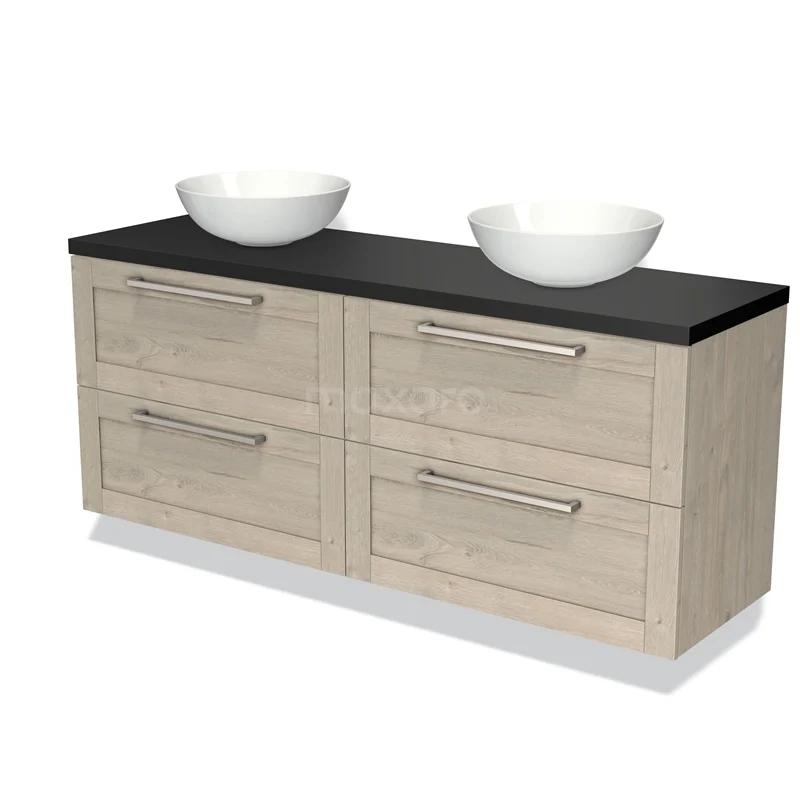 Houten badkamermeubel met dubbel wastafelblad, zwart bovenblad, vier lades en witte waskommen, ideaal voor moderne badkamers.