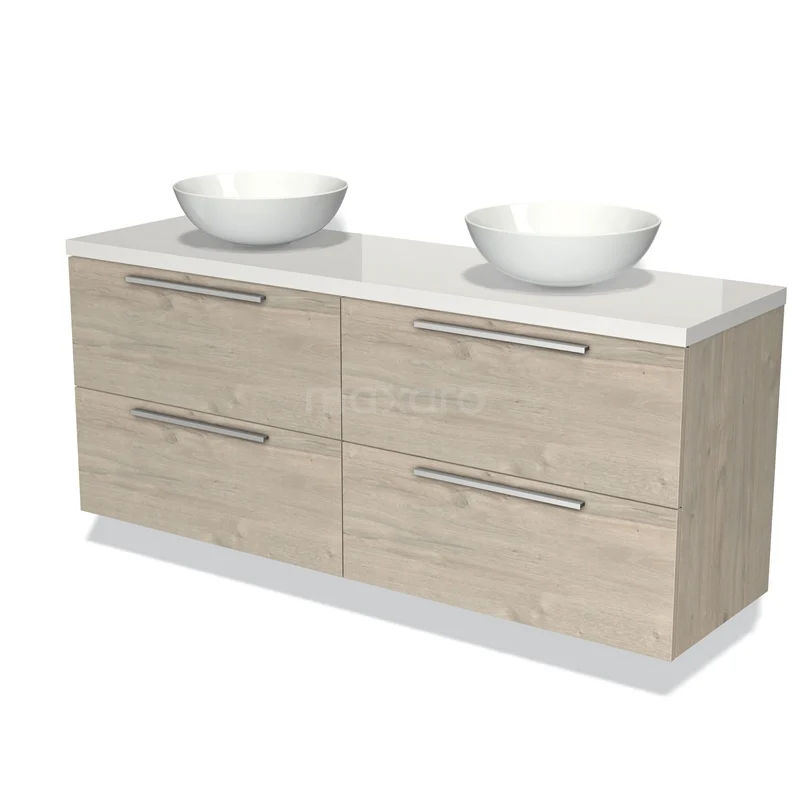 Houten badkamermeubel met dubbele wastafel, lichte eikenkleur, moderne ladegrepen, perfect voor een stijlvolle badkamer.