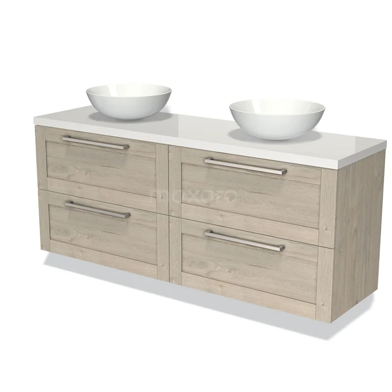 Houten badkamermeubel met dubbele wasbak, licht eiken kleur, vier lades met metalen handgrepen, modern en strak ontwerp.