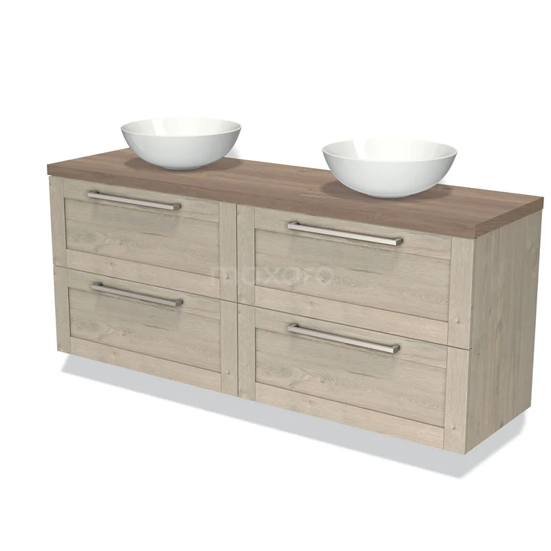 Modulo Plato Badmöbel mit Aufsatzwaschbecken | 160 cm Hellgraue Eiche Rahmen front Mittelbraune Eiche blatt 4 Schubladen BMK18-01067 Holz Badezimmermöbel mit Doppelwaschbecken, helle Eiche Optik, 4 Schubladen mit metallischen Haltegriffen, modernes Design.