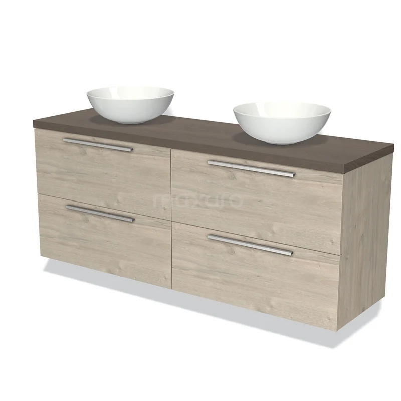 Modulo Plato Badmöbel mit Aufsatzwaschbecken | 160 cm Hellgraue Eiche Flach front Dunkelbraune Eiche blatt 4 Schubladen BMK18-01068 Hölzernes Badezimmermöbel mit doppelten weißen Aufsatzwaschbecken, vier Schubladen und einer dunkelbraunen Arbeitsplatte, modernes und funktionales Design.