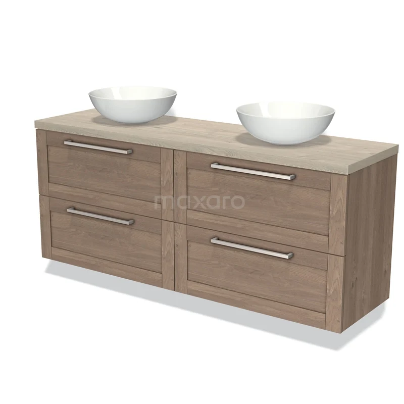 Houten badkamermeubel met dubbele waskommen, vier lades en modern ontwerp, perfect voor een stijlvolle badkamer inrichting.