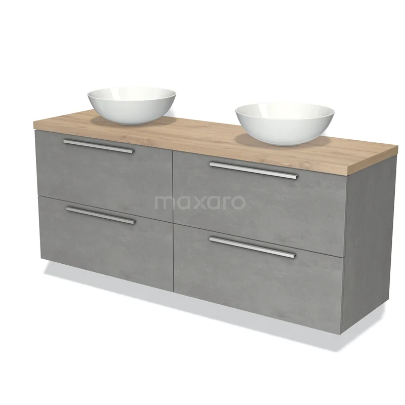 Grijze badkamermeubelset met houtlook blad, dubbele wastafel en vier lades, ideaal voor een moderne badkamerstijl.