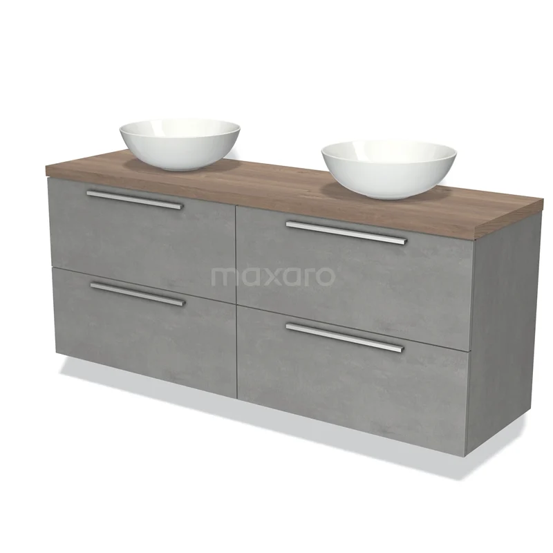 Grijze houten badkamermeubel met dubbele wastafel, modern design en vier brede lades, ideaal voor badkameropslag.