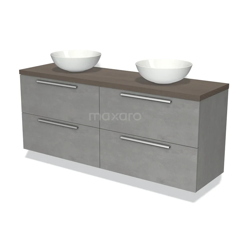Grijze dubbele wastafelmeubel met houtlook blad, keramische kommen en metalen handgrepen, ideaal voor moderne badkamers.