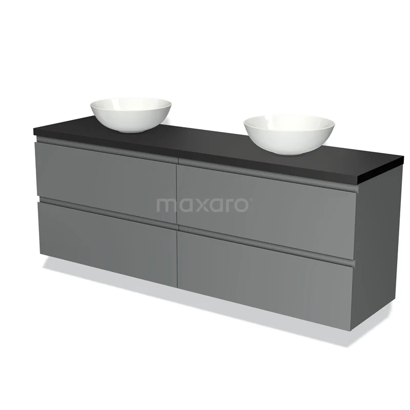 Badmöbel für Aufsatzwaschbecken 180cm Modulo Plato Mittelgrau 4 Schubladen Grifflos Matt Schwarz Platte BMK18-01141 Graue Badmöbelset mit schwarzer Platte und weißen Aufsatzwaschbecken, modernes Design mit 4 Schubladen für zusätzlichen Stauraum.