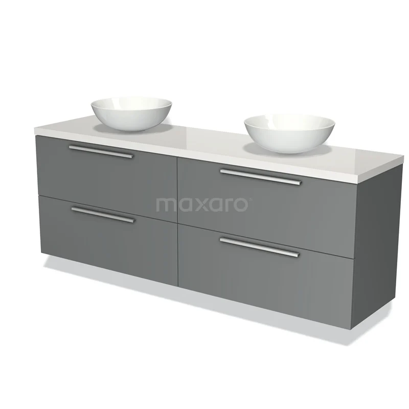 Badmöbel für Waschtischunterschrank mit Konsole 180cm Modulo Plato Mittelgrau 4 Schubladen Flach Hochglanz Weiß Platte BMK18-01142 Grauer Badschrank mit Doppelwaschbecken, modernes Aussehen, vier Schubladen, ideal für zusätzlichen Stauraum im Badezimmer.