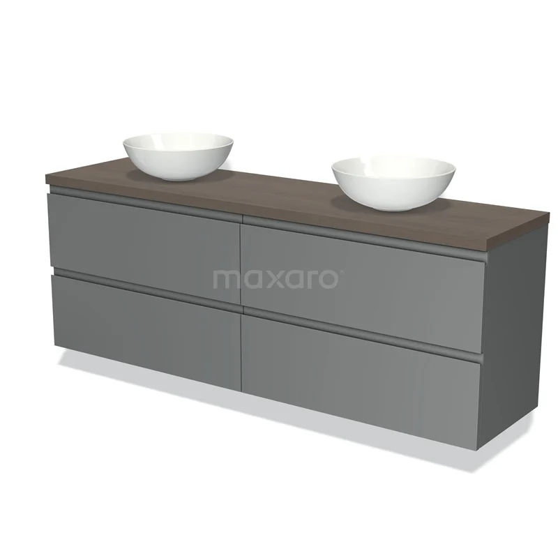 Grijze badkamermeubelset met dubbele waskom, houtlook bovenblad en vier lades, ideaal voor een moderne badkamer inrichting.