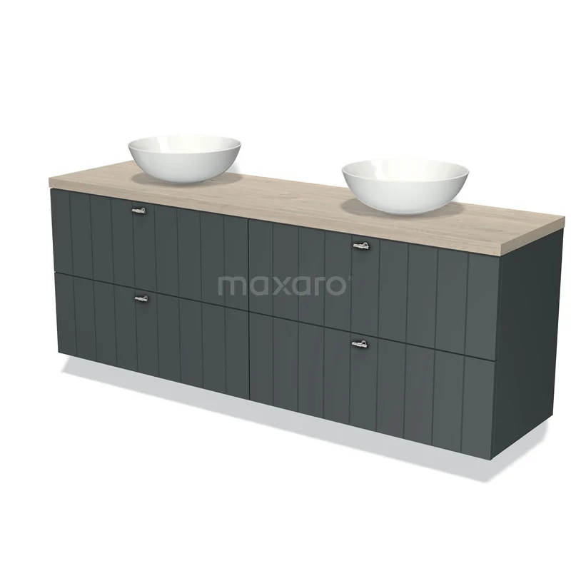 Dubbele wastafelmeubel, antraciet met houtfineer blad, moderne design voor badkamer, inclusief ronde keramische waskommen.