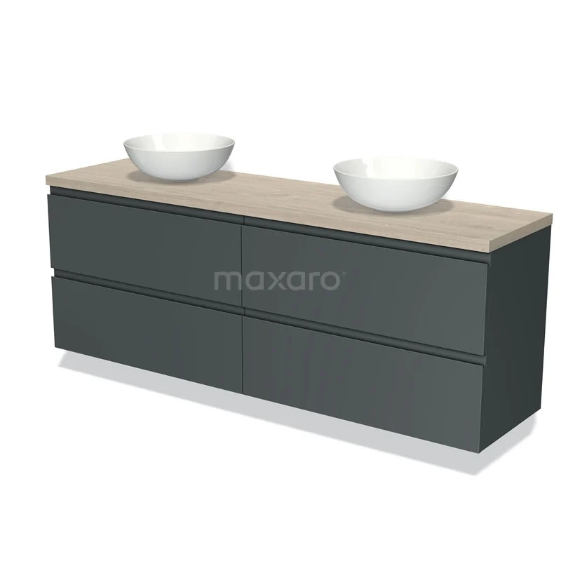 Donkergrijs badkamermeubel met dubbele waskommen, houten blad en strakke lades, modern design voor een stijlvolle badkamer.