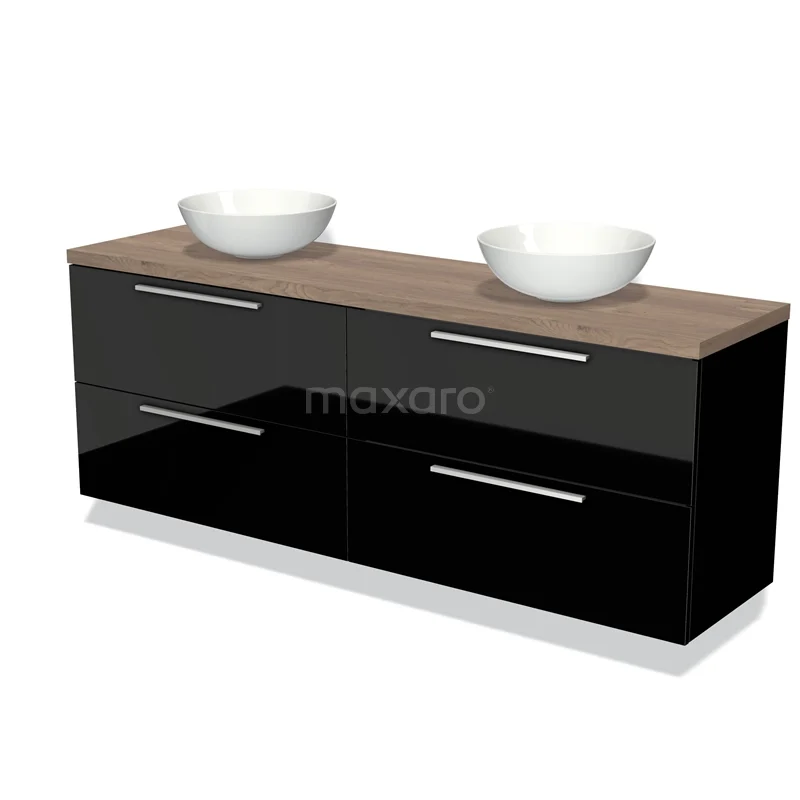 Zwarte hoogglans badkamermeubel met houtlook blad en dubbele keramische waskommen, modern design.