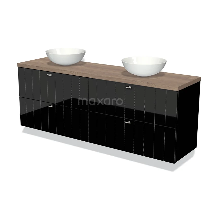 Zwarte badkamermeubelset met houtlook blad, dubbele ronde waskommen en ruime opberglades, modern design.
