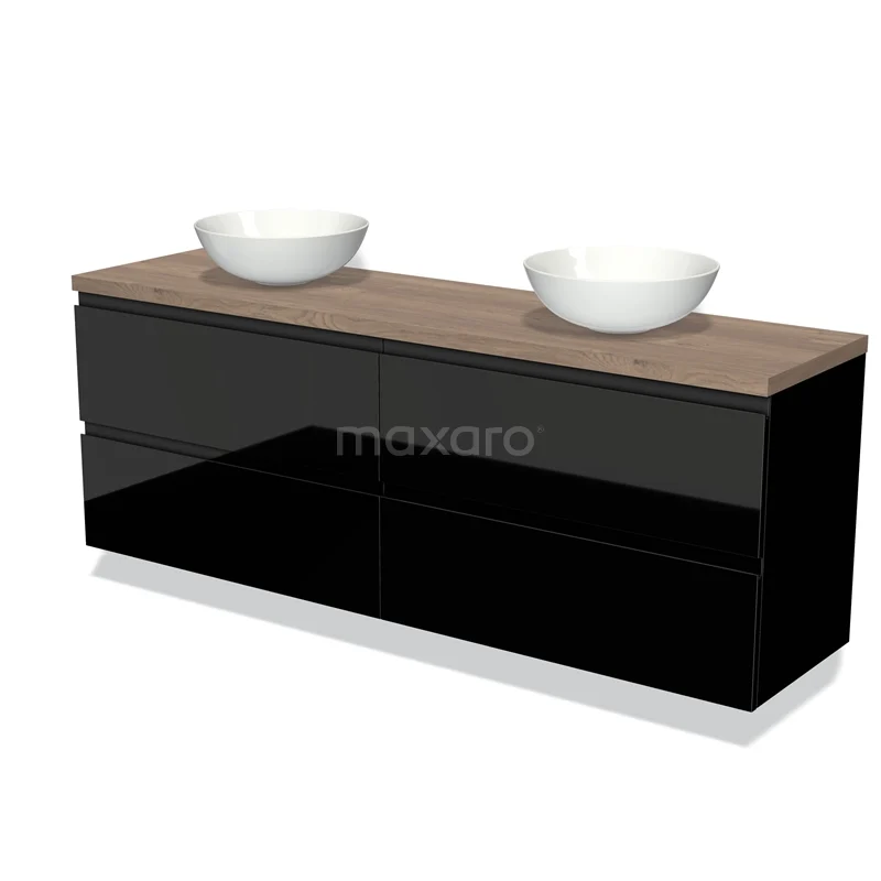 Zwarte badkamermeubelset met houten blad, dubbele witte wastafels en moderne vormgeving, ideaal voor luxe badkamerruimtes.