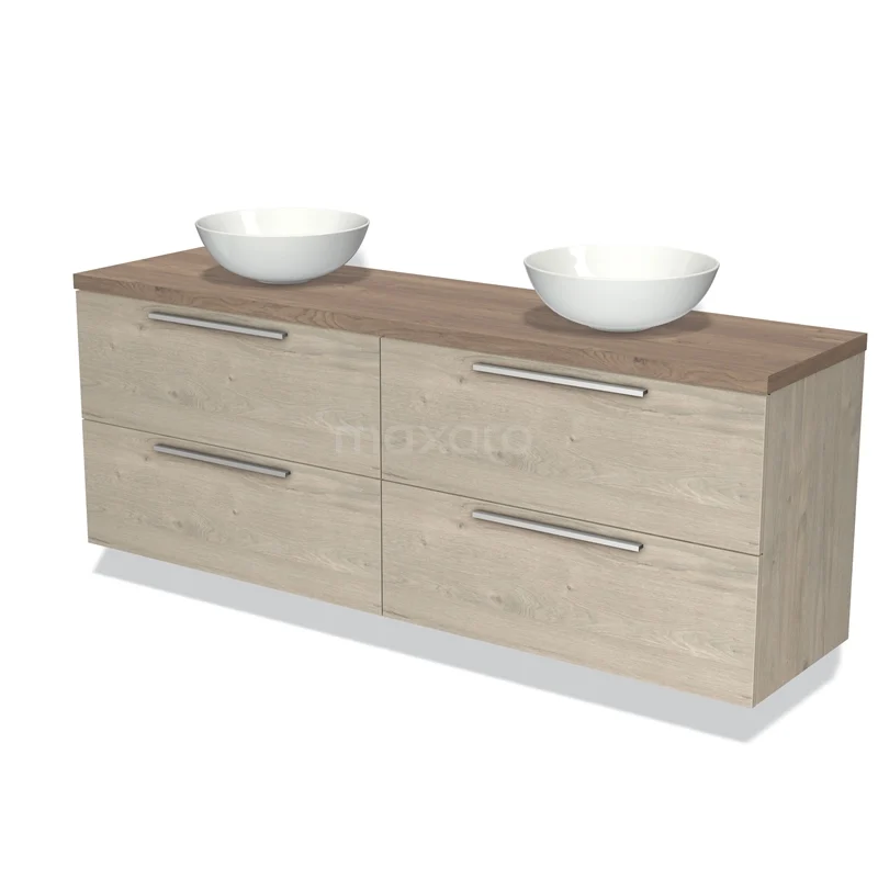Houten badkamermeubel met dubbele waskom, lichte eikenlook en metalen grepen, perfect voor een moderne badkamerstijl.