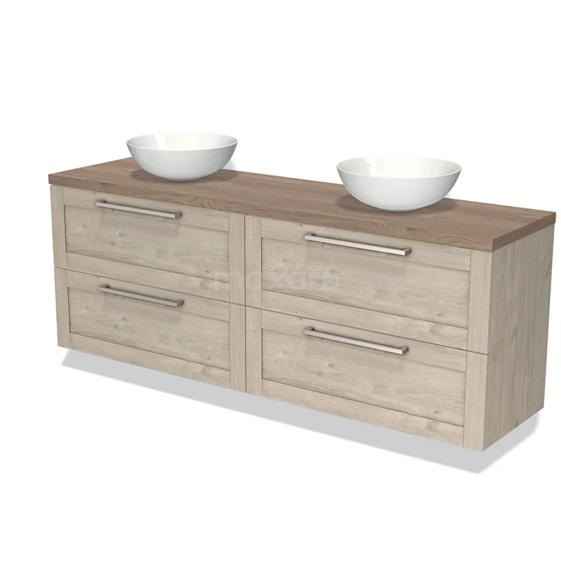 Houten badkamermeubel met dubbele waskommen, ladehandgrepen en een natuurstenen blad, ideaal voor moderne badkamers.