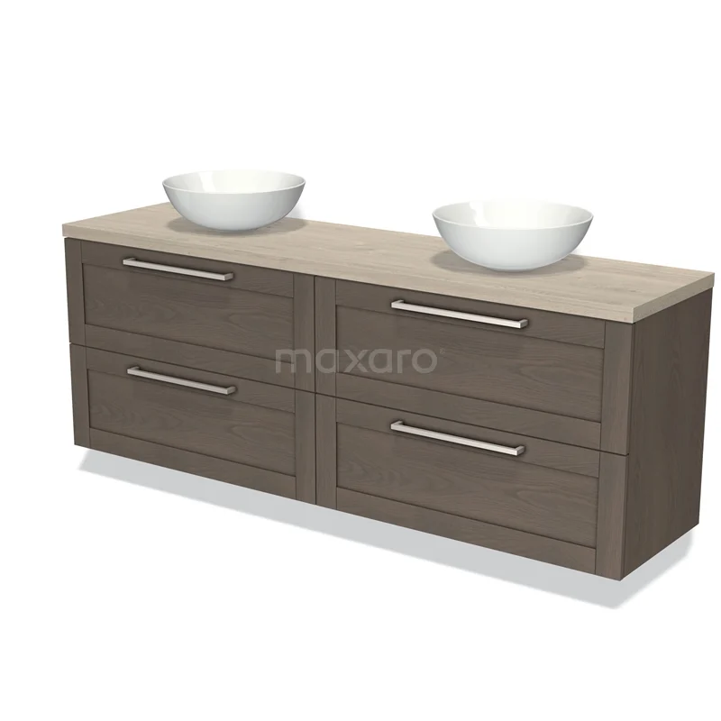 Houten badkamermeubel met dubbele wastafel, donker eiken, 4 lades en moderne grepen, stijlvol voor elke badkamerinrichting.