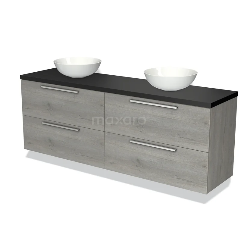 Modulo Plato Badmöbel mit Aufsatzwaschbecken | 180 cm Graue Eiche Flach front Matt Schwarz blatt 4 Schubladen BMK18-01278 Graues Holz-Badmöbel mit zwei weißen Keramik-Waschbecken, schwarzer Oberfläche und vier geräumigen Schubladen für Aufbewahrungsmöglichkeiten.