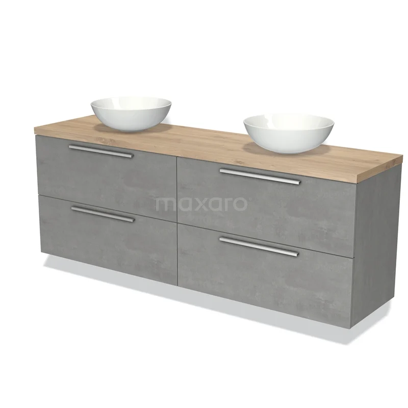 Modulo Plato Vanity units for countertop basin | 200 cm Light grey concrete Flat front Light brown oak worktop 4 drawers BMK18-01998
