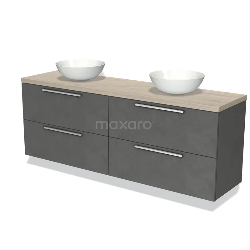 Grijs dubbel badkamermeubel met houten blad, vier lades en twee witte opzetwaskommen voor moderne badkamerruimtes.