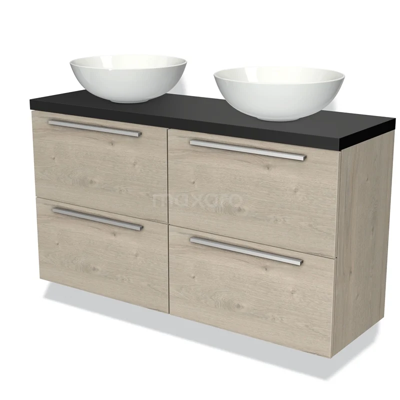 Houten badkamermeubel met dubbele waskommen, zwart blad en vier lades, ideaal voor een moderne badkamer inrichting.