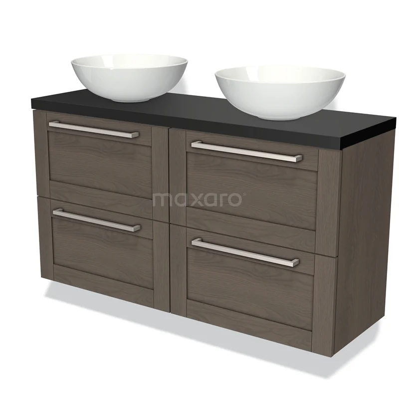 Houten badkamermeubel met twee witte waskommen, donker blad en vier lades, ideaal voor moderne badkamerinrichting.
