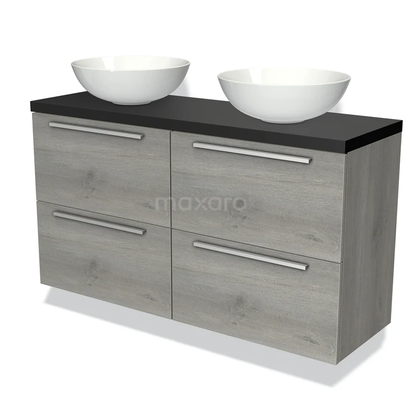Moderne badkamermeubelset houtlook met dubbele zwarte wastafelblad en twee ronde witte waskommen, ideaal voor elke badkamer.