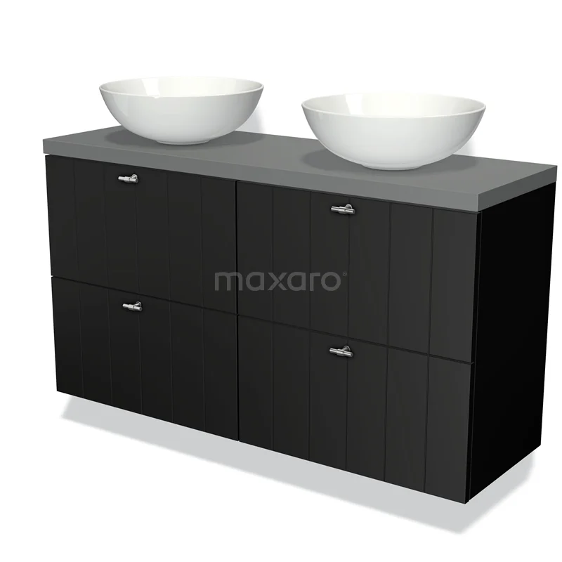Badmöbel für Aufsatzwaschbecken 120cm Modulo Plato Slim Matt Schwarz 4 Schubladen Lamelle Mittelgrau Platte BMK38-00063 Schwarz Badmöbel mit doppeltem Aufsatzwaschbecken aus Keramik, modernes Design, vier Schubladen und mattem Anthrazit Platte.