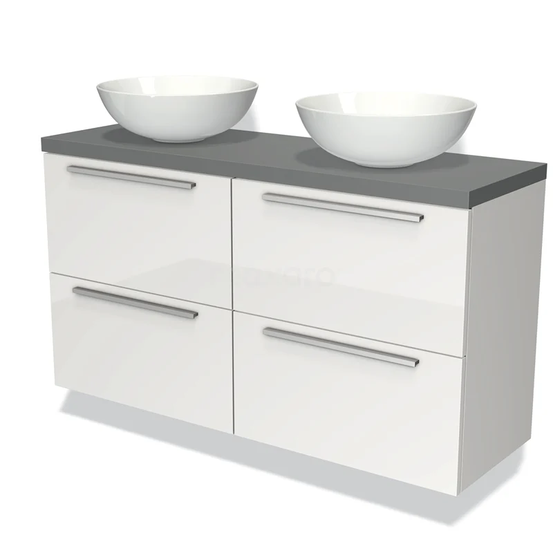 Waschtischunterschrank mit Konsole 120cm Modulo Plato Slim Hochglanz Weiß 4 Schubladen Flach Mittelgrau Platte BMK38-00065 Weißes Badezimmermöbel mit Doppelwaschbecken, graue Platte und vier Schubladen, modernes Design, ideal für zeitgemäße Bäder.