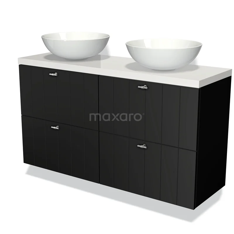 Badmöbel für Waschtischunterschrank mit Konsole 120cm Modulo Plato Slim Matt Schwarz 4 Schubladen Lamellen Hochglanz Weiß Platte BMK38-00092 Schwarze Badmöbelset mit doppelten Aufsatzwaschbecken, weißer Platte und schickem Design, ideal für moderne Bäder.