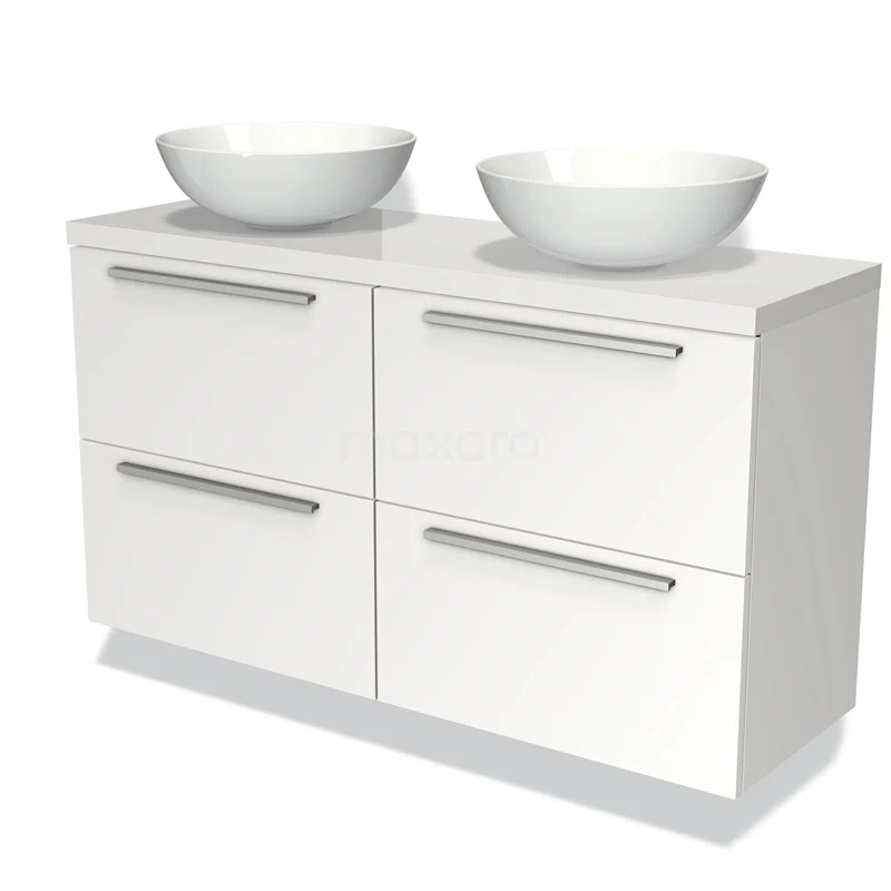 Wit badkamermeubel met dubbele wastafelkommen, modern design en chrome grepen, ideaal voor een stijlvolle badkamer.