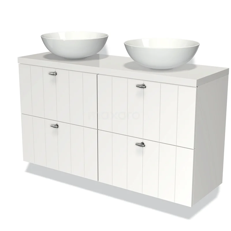 Wit badkamermeubel met dubbele waskommen, houtlook fineer en softclose lades, ideaal voor moderne badkamers.