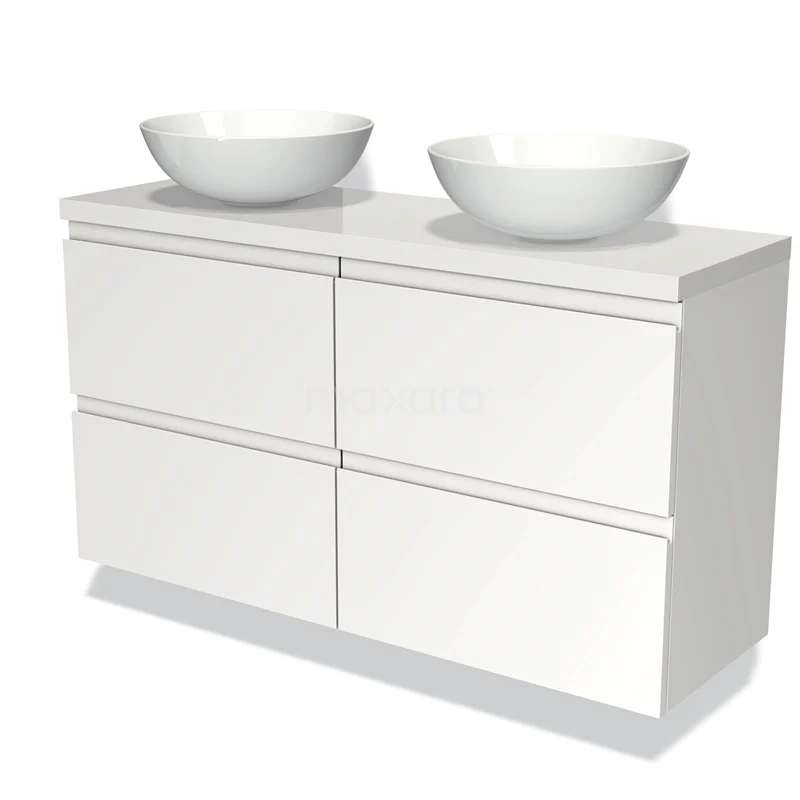 Wit badkamermeubel met vier lades, dubbele waskommen en strak modern design, ideaal voor een stijlvolle badkamerinrichting.