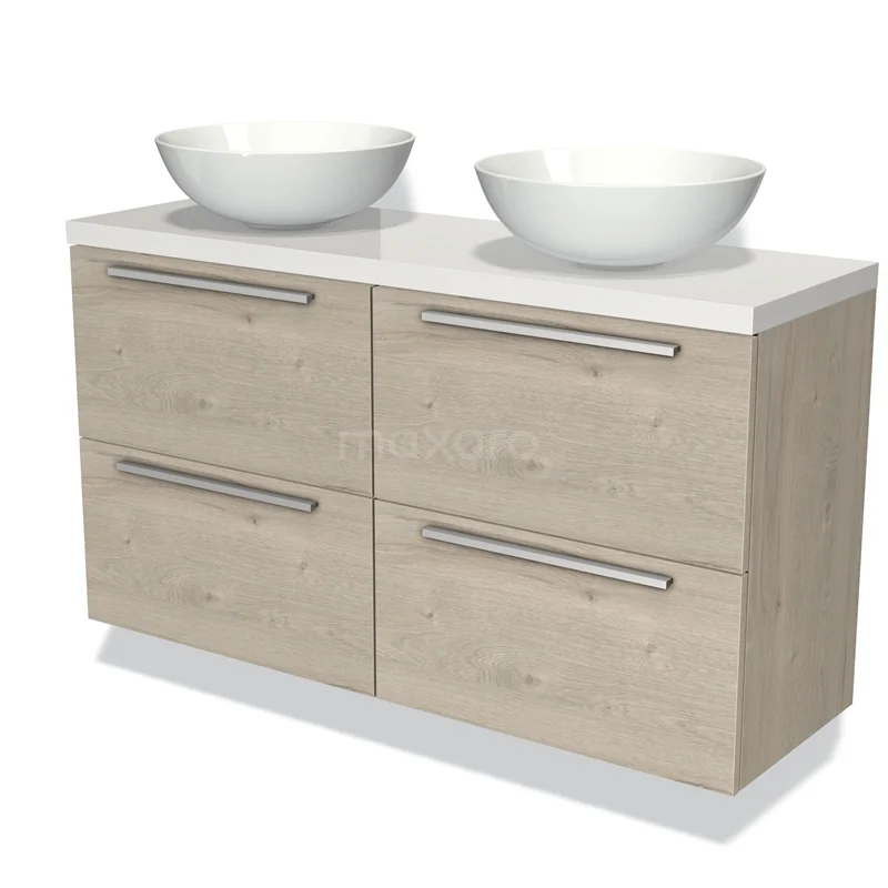 Houten badkamermeubel met dubbele ronde witte wastafel, vier lades en metalen grepen, ideaal voor moderne badkamerindeling.