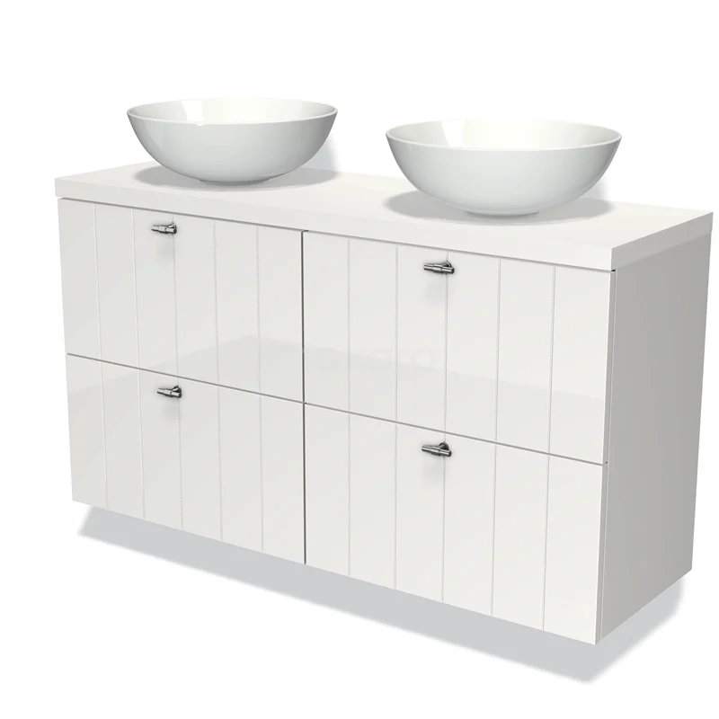 Modulo Plato Slim Badmöbel mit Aufsatzwaschbecken | 120 cm Hochglanz Weiß Lamelle front Matt Weiß blatt 4 Schubladen BMK38-00127 Weißes Badezimmermöbel mit doppelten keramischen Aufsatzwaschbecken, vier Schubladen und geraden Linien für eine moderne Ausstrahlung.