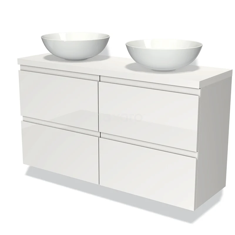 Modulo Plato Slim Badmöbel mit Aufsatzwaschbecken | 120 cm Hochglanz Weiß Grifflos front Matt Weiß blatt 4 Schubladen BMK38-00128 Weißes Hochglanz-Badmöbel mit vier Schubladen und doppelten weißen keramischen Aufsatzwaschbecken, modernes und elegantes Design.