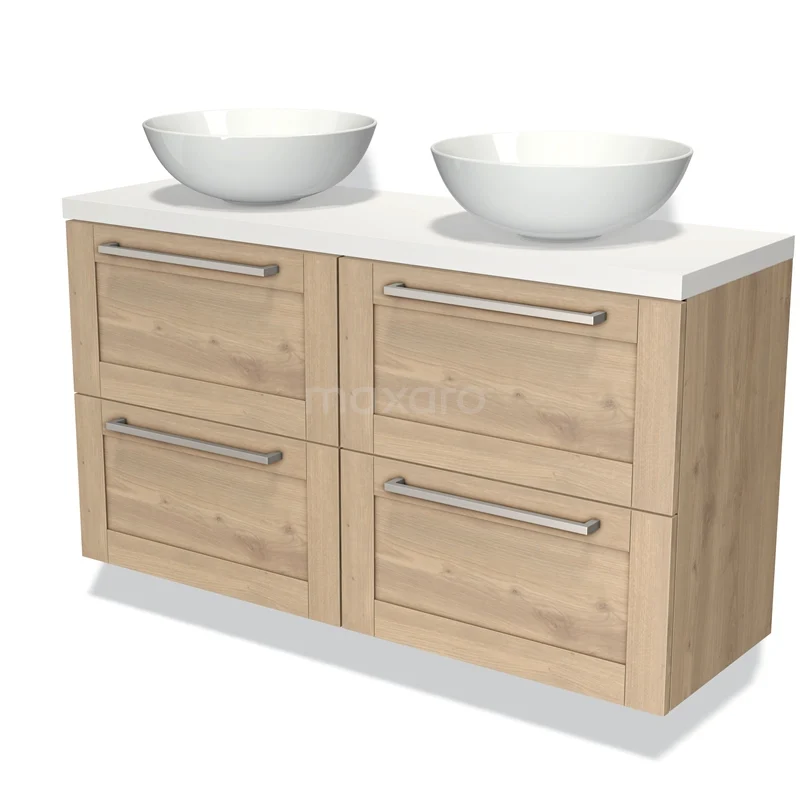Houten badkamermeubel met 4 lades, witte dubbele waskom en metalen grepen, modern design ideaal voor een stijlvolle badkamer.