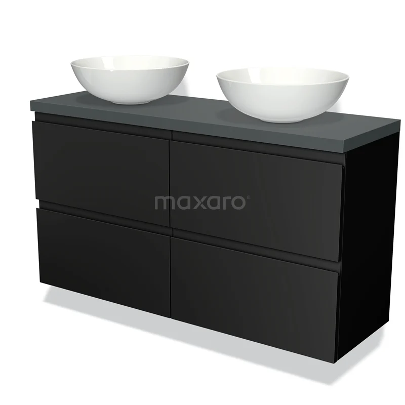 Zwarte badkamermeubelset met dubbele waskommen, mat antraciet blad en strakke greeploze lades, modern design.