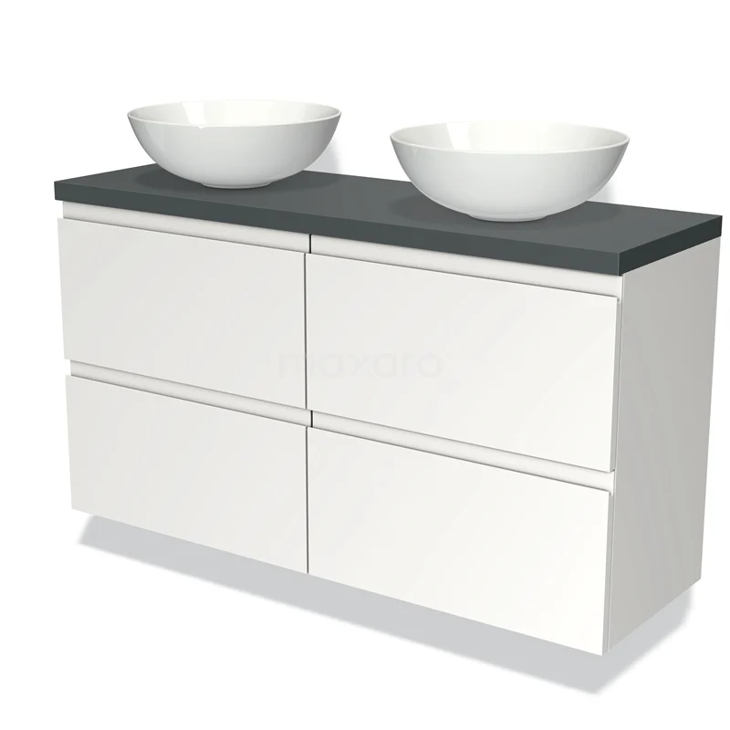 Modulo Plato Slim Badmöbel mit Aufsatzwaschbecken | 120 cm Matt Weiß Grifflos front Dunkelgrau blatt 4 Schubladen BMK38-00160 Weißes Badezimmermöbel mit doppeltem, komförmigem Waschbecken, anthrazitfarbenem Platte und modernen Schubladen, perfekt für ein stilvolles Badezimmer.