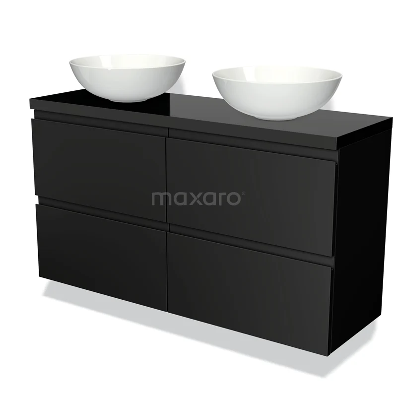 Zwart badkamermeubel met hoogglans afwerking, dubbele wastafelkommen in wit keramiek, modern design, praktisch en stijlvol.