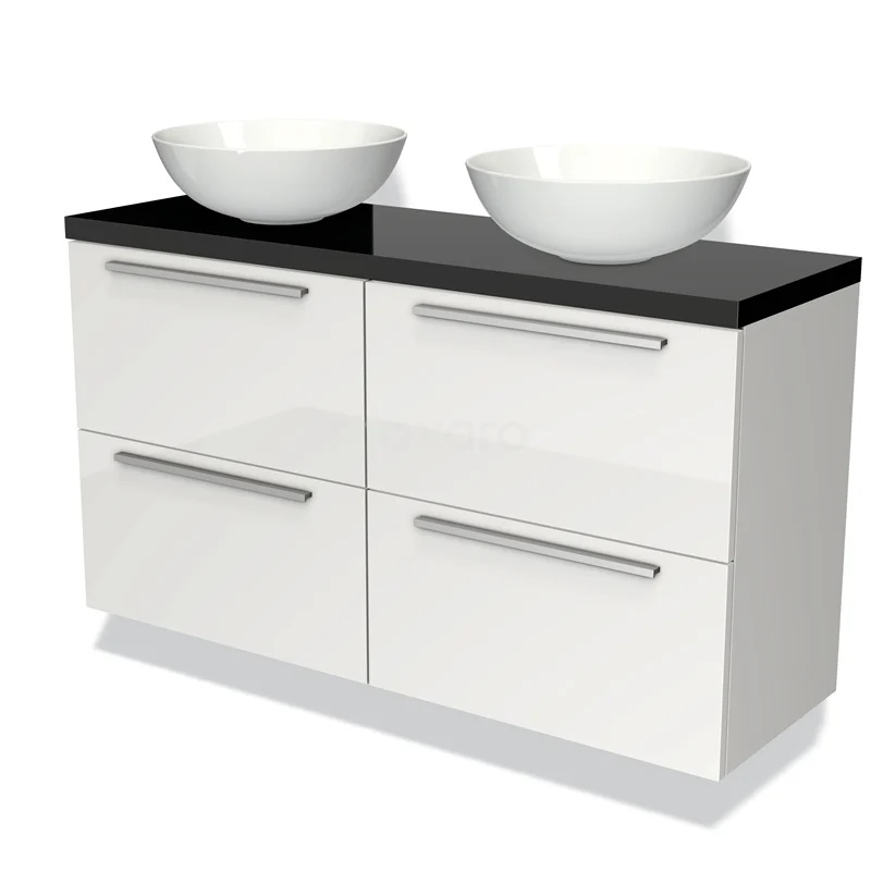 Wit badkamermeubel met dubbele waskommen, zwarte bovenblad en 4 lades, modern design voor stijlvolle badkamer inrichting.