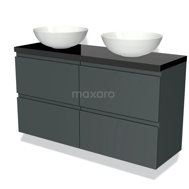 Modulo Plato Slim Badmöbel mit Aufsatzwaschbecken | 120 cm Dunkelgrau Grifflos front Hochglanz Schwarz blatt 4 Schubladen BMK38-00192 Modern Grau Badmöbel mit schwarzer Oberseite und zwei weißen Aufsatzwaschbecken, ideal für stilvolle Badezimmergestaltung.