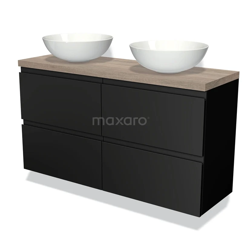 Zwarte badkamermeubel met houtlook blad en twee witte waskommen, stijlvol design voor een moderne badkamer.