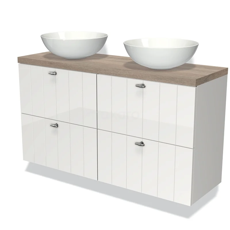 Waschtischunterschrank mit Konsole 120cm Modulo Plato Slim Hochglanz Weiß 4 Schubladen Lamelle Eiche Platte BMK38-00214 Weißes Badezimmermöbel mit doppeltem Aufsatzwaschbecken, Holzlook Platte und glänzender Oberfläche, ideal für moderne Bäder.