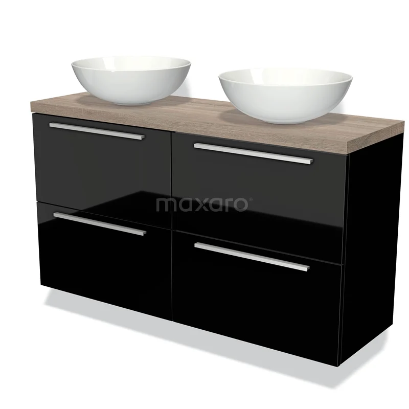 Modulo Plato Slim Vanity units for countertop basin | 120 cm High-gloss black Flat front Oak worktop 4 drawers BMK38-00222 Black glossy bathroom unit with two round white countertop wash basins and wood-look worktop, modern design with metal handles.