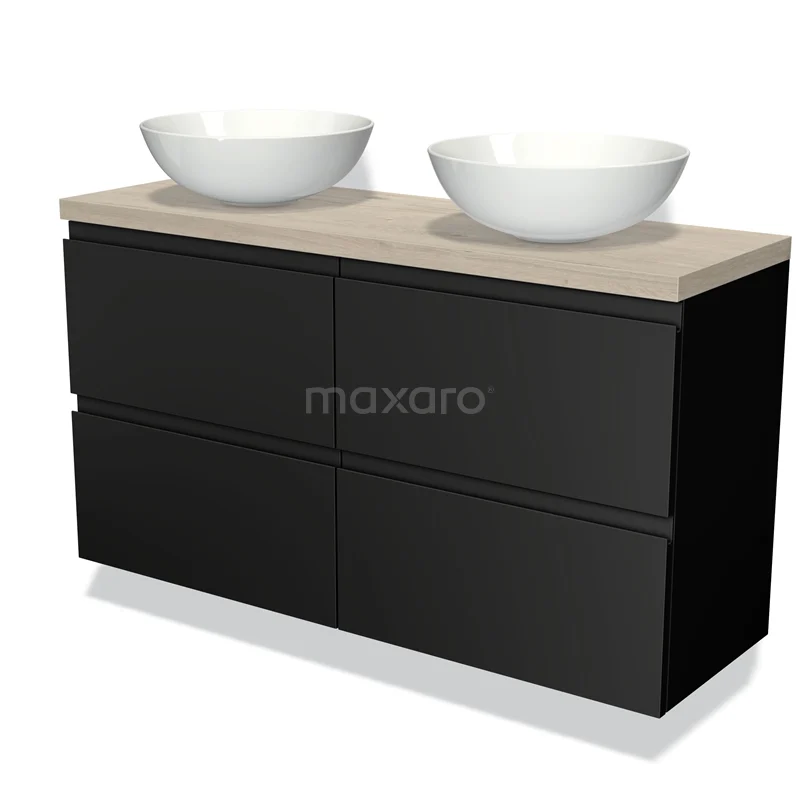 Zwarte badkamermeubel met twee witte waskommen, houtlook blad en vier lades voor een moderne en stijlvolle badkamer inrichting.