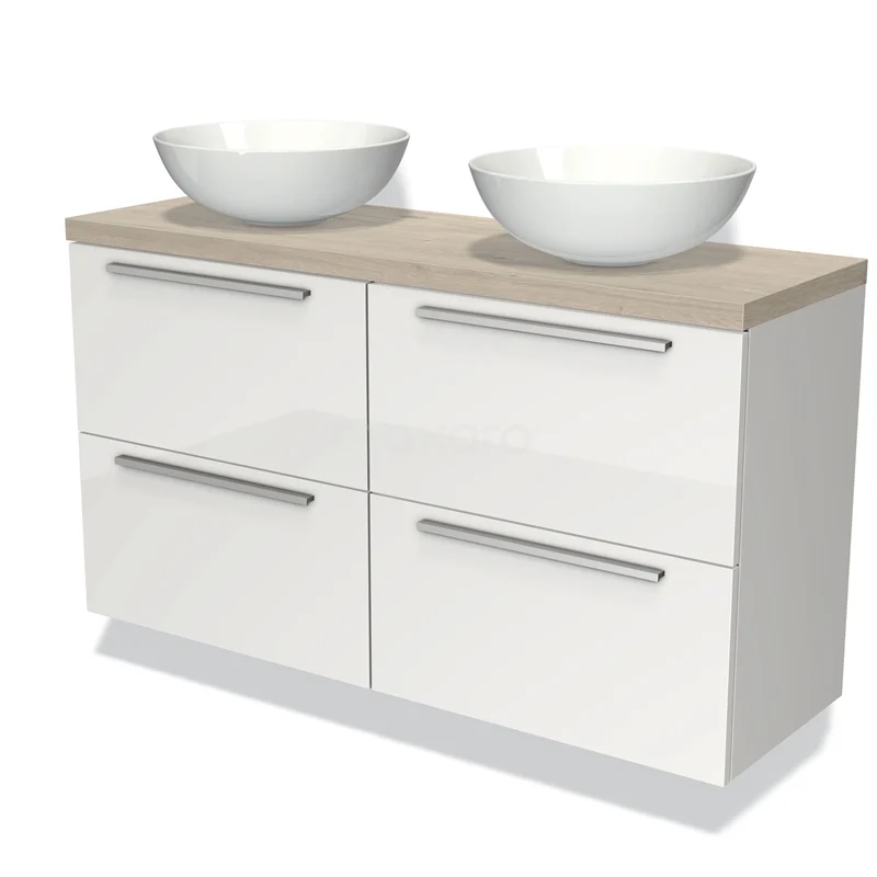 Wit badkamermeubel met dubbele waskom, houten blad en glanzende afwerking; modern design met ruime opberglades.