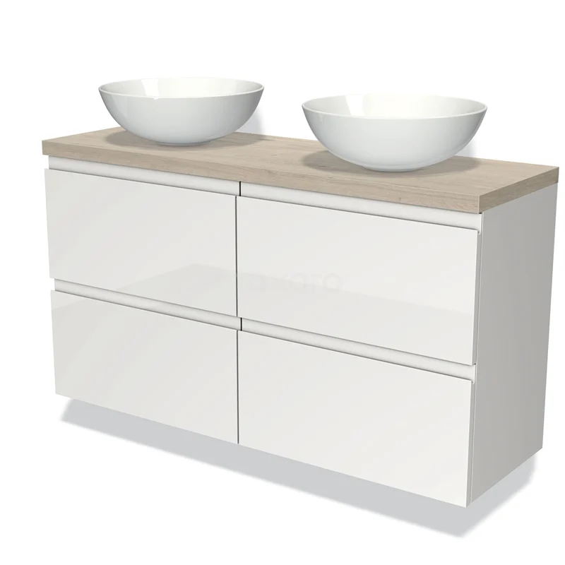 Badmöbel für Aufsatzwaschbecken 120cm Modulo Plato Slim Hochglanz Weiß 4 Schubladen Grifflos Hellgraue Eiche Platte BMK38-00245 Weißes Hochglanz-Badmöbel mit Holzlook-Platte und zwei runden Waschbecken, ideal für ein modernes Badezimmer.