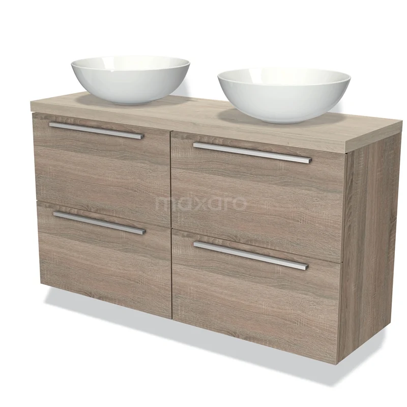 Waschtischunterschrank mit Konsole 120cm Modulo Plato Slim Eiche 4 Schubladen Flach hellgraue Eiche Platte BMK38-00255 Holz Badezimmermöbel mit doppeltem Waschbecken, modernes Design in Eichenlook mit vier Schubladen, ideal für ein stilvolles Badezimmer.
