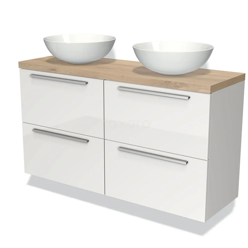Wit badkamermeubel met vier lades, houten blad en twee witte waskommen, perfect voor moderne badkamerinrichting.